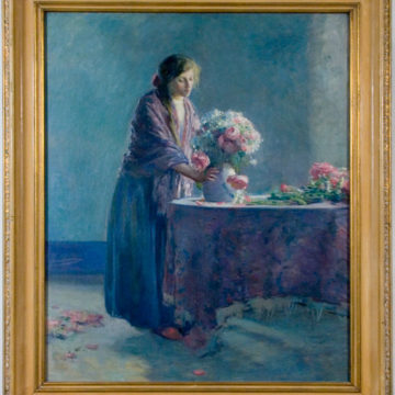Myron G. Barlow, Woman Arranging Flowers, circa 1915, oil on canvas, 39 × 31 inches. Gift of Mrs. Charles M. Butler, 1997.02.01.21.