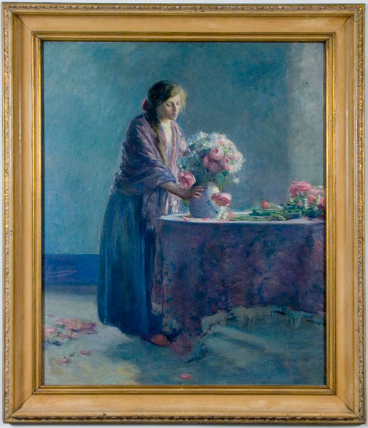 Myron G. Barlow, Woman Arranging Flowers, circa 1915, oil on canvas, 39 × 31 inches. Gift of Mrs. Charles M. Butler, 1997.02.01.21.