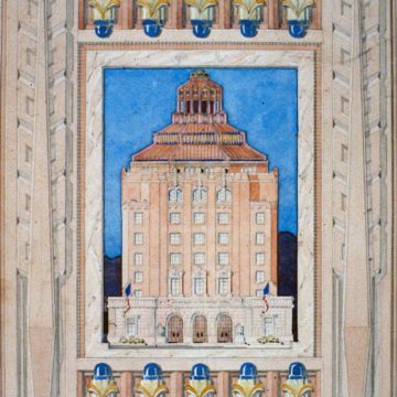 Douglas D. Ellington, City Building of Asheville with Decorative Border, 1928, watercolor and tempera on paper, 11 ¼ × 8 ⅛ inches. Gift of Sallie Ellington Middleton, 1998.16.001.22. © Estate of Douglas D. Ellington.
