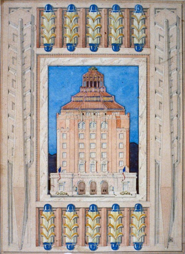 Douglas D. Ellington, City Building of Asheville with Decorative Border, 1928, watercolor and tempera on paper, 11 ¼ × 8 ⅛ inches. Gift of Sallie Ellington Middleton, 1998.16.001.22. © Estate of Douglas D. Ellington.