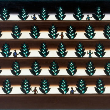 Roger Brown, Plants That Glo in The Dark Tra-La, 1986, oil and phosphorescent paint on canvas, 48 × 72 inches. Museum purchase with funds provided by The Chaddick Foundation, 2006 Collectors' Circle, Mary Powell, R.K. Benites & Dr. Michael J. Teaford, and Delphia Allen Lamberson, 2007.08.20. © Roger Brown Study Collection.