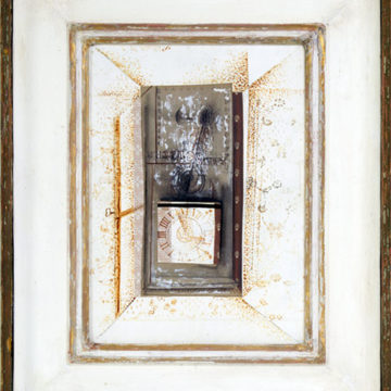 Fannie Hillsmith, Brass Clocks, 1956, collage on Masonite, 12 × 8 ½ inches. Black Mountain College Collection, gift of Lorna Blaine Halper, 2007.27.08.29.