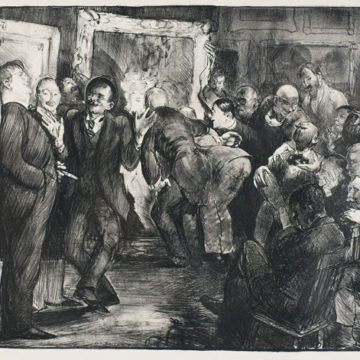 George Wesley Bellows, Artists Judging Works of Art, 1916, lithograph on paper, 14 ½ × 19 inches. Museum purchase with funds provided by the Midgard Foundation with additional support from R.K. Benites, 2008.18.61.