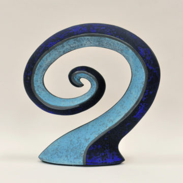 Michael Sherrill, Blue Spiral Bottle, circa 1997, glazed stoneware, 12 ½ × 12 × 3 ½ inches. Asheville Art Museum, Gift of Michael & Barbara Keleher in honor of John Cram, 2010.07.20.85. © Michael Sherrill.
