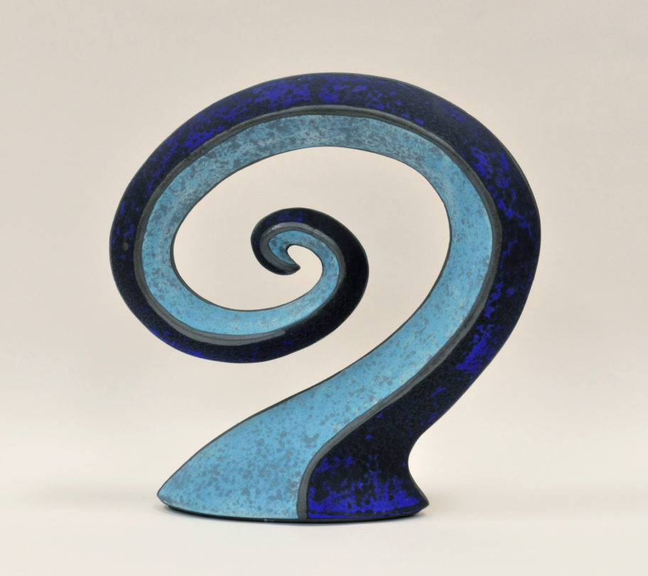 Michael Sherrill, Blue Spiral Bottle, circa 1997, glazed stoneware, 12 ½ × 12 × 3 ½ inches. Asheville Art Museum, Gift of Michael & Barbara Keleher in honor of John Cram, 2010.07.20.85. © Michael Sherrill.