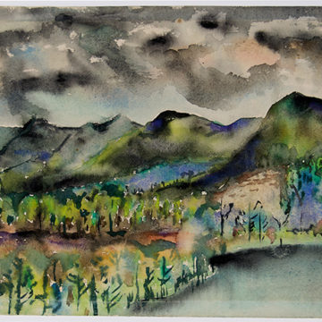 Joseph Fiore, Black Mountain Lake Eden, 1954, watercolor on paper, 12 ⅝ × 18 inches. Black Mountain College Collection, gift of the Falcon Foundation, 2012.53.01.22. © The Falcon Foundation