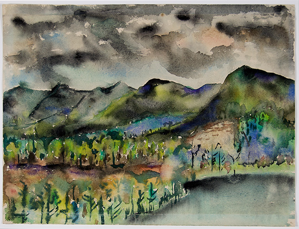 Joseph Fiore, Black Mountain Lake Eden, 1954, watercolor on paper, 12 ⅝ × 18 inches. Black Mountain College Collection, gift of the Falcon Foundation, 2012.53.01.22. © The Falcon Foundation