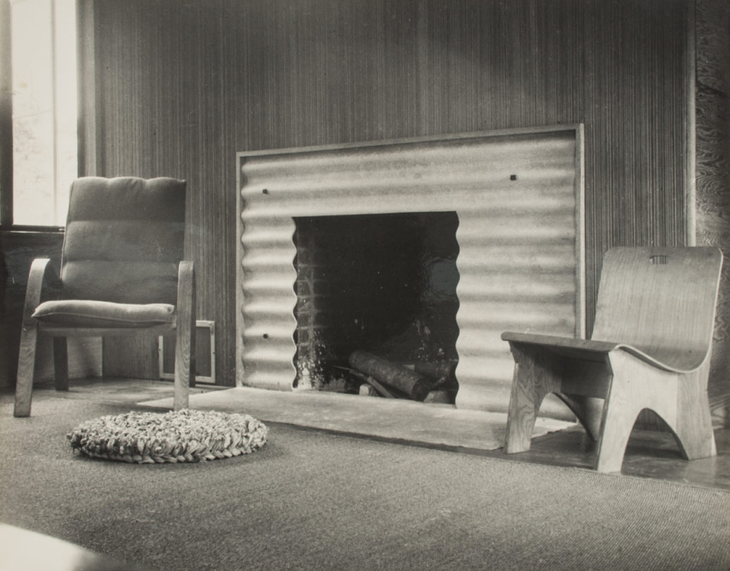 View of Fireplace with Chairs Designed by Lawrence Kocher