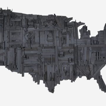 Wesley Clark, My Big Black America, 2015, stain, spray paint, latex, and salvaged wood, 192 × 120 × 14 inches. Museum purchase with major support from 2017 A.R.T. members Ron & Nancy Edgerton, Kevin Click, Butch & Kathy Patrick, Rick & Maggi Swanson, and Monty McCutchen & Terri Sigler, and additional contributions from 2017 A.R.T. members Miller & Constance Williams, 2017.39.01. © Wesley Clark
