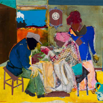 Romare Bearden, Sunset Express, 1984, collage on panel, 12 ⅝ × 14 inches. Museum purchase, 1985.04.1.29. © The Romare Bearden Foundation / Artists Rights Society (ARS), New York.