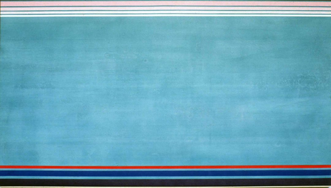 Kenneth Noland, NORTH SOUTH EAST WEST, 1990, acrylic on canvas, 66 ⅝ × 120 inches. Black Mountain College Collection, gift of the Artist, 1992.01.24. © Estate of Kenneth Noland / Artists Rights Society (ARS), New York.