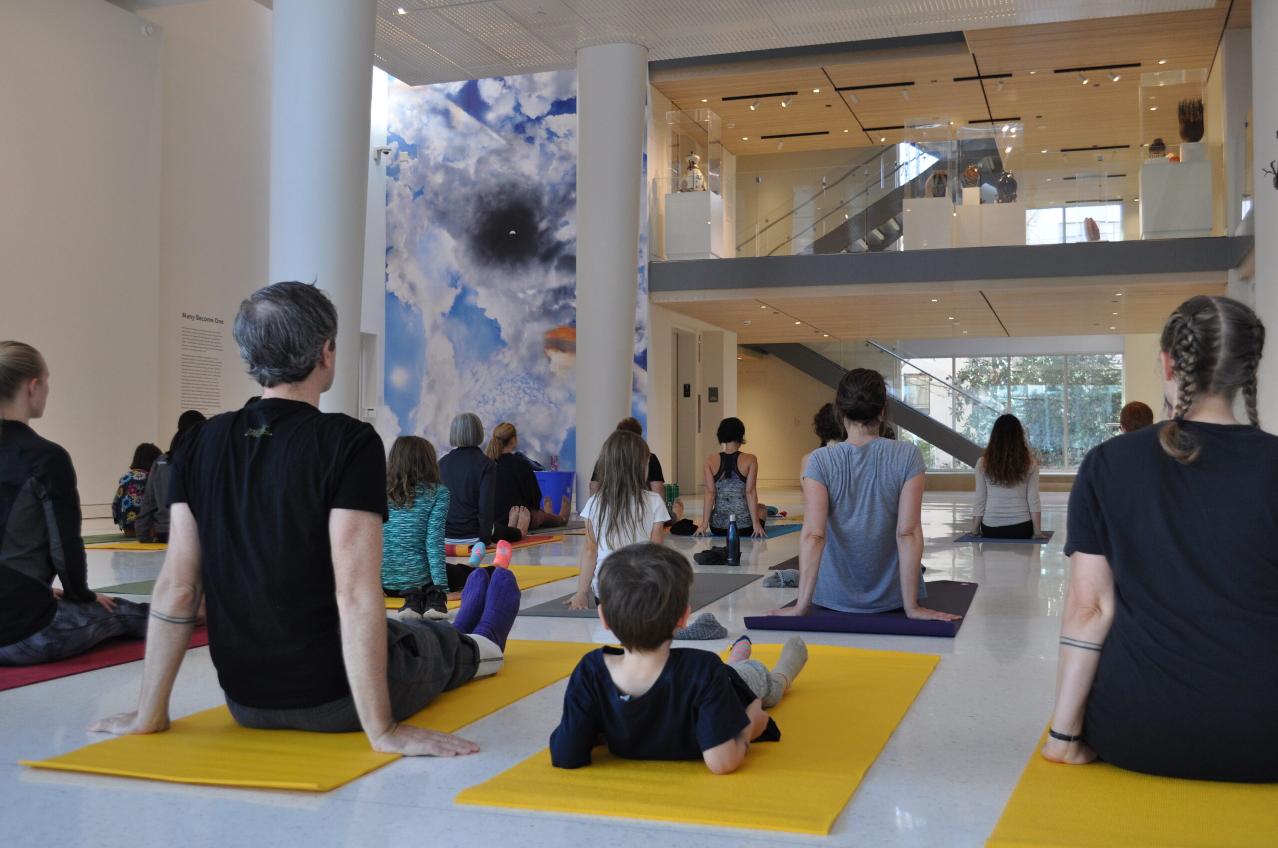 people on yellow and gray yoga mats in the Asheville Art Museum Atriu,