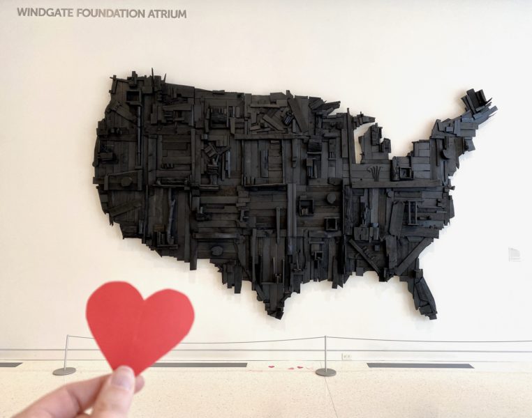 Wesley Clark, My Big Black America, 2015, stain, spray paint, latex, and salvaged wood, 192 × 120 × 14 inches. Museum purchase with major support from 2017 A.R.T. members Ron & Nancy Edgerton, Kevin Click, Butch & Kathy Patrick, Rick & Maggi Swanson, and Monty McCutchen & Terri Sigler, and additional contributions from 2017 A.R.T. members Miller & Constance Williams, 2017.39.01. © Wesley Clark.