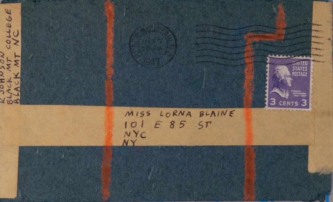 Envelope from Ray Johnson, Black Mountain College, to Lorna Blaine Halper, 101 East 85th Street, New York City, postmark March 7, 1947